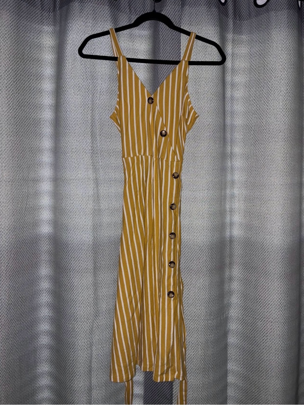 Lumière Mustard Yellow & White Striped Dress with Asymmetrical Buttons